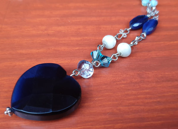 Blue Heart Pendant with Pearl and Blue Tone Bead Necklace - Charming And Trendy Ltd