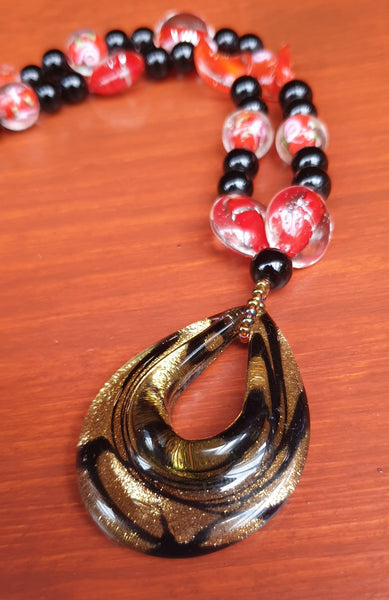 Black and Gold Pendant with Black, Red & White Glass Beads - Charming And Trendy Ltd