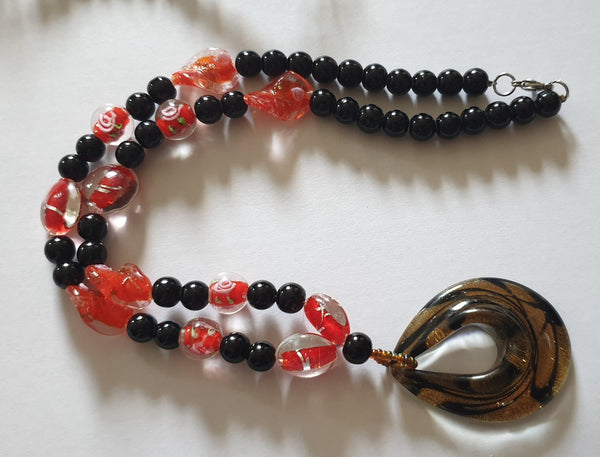 Black and Gold Pendant with Black, Red & White Glass Beads - Charming And Trendy Ltd