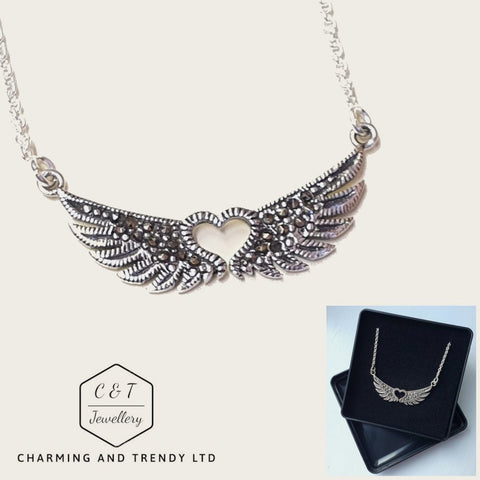 925 Sterling Silver Winged Heart Necklace 17" Chain - Gift Boxed - Charming And Trendy Ltd
