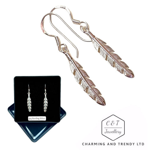 925 Sterling Silver Feather Design Hook Earrings - Gift Boxed - Charming And Trendy Ltd
