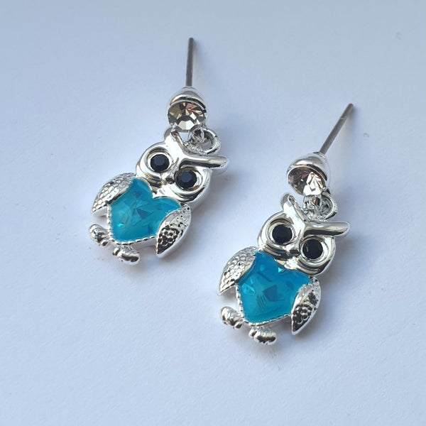 Silver Plated Blue Owl Diamante Earrings - Charming and Trendy Ltd