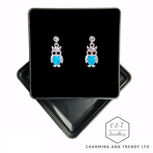 Silver Plated Blue Owl Diamante Earrings - Charming and Trendy Ltd