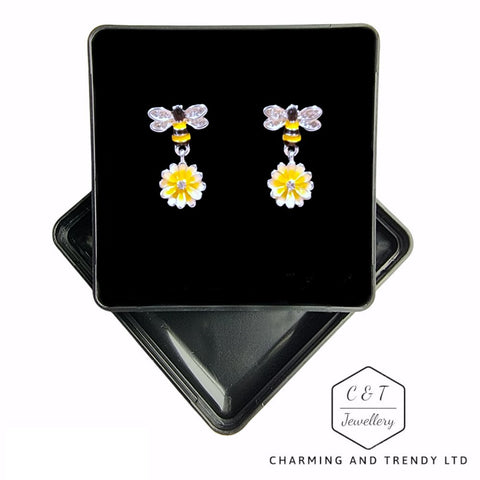 Hand Painted Bee & Lemon Flower Silver Plated Earrings - Charming and Trendy Ltd