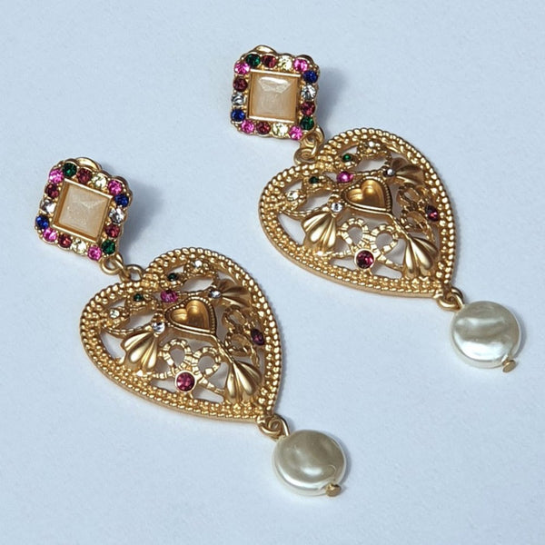 Gold Tone Heart Drop Earrings Embellished with Crystals and Pearls - Charming And Trendy Ltd