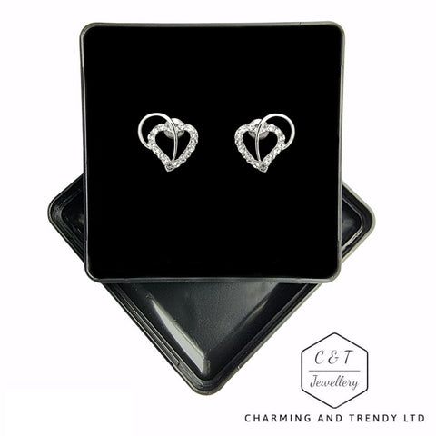 Platinum Plated Diamanté Entwined Hearts Earrings - Charming and Trendy Ltd