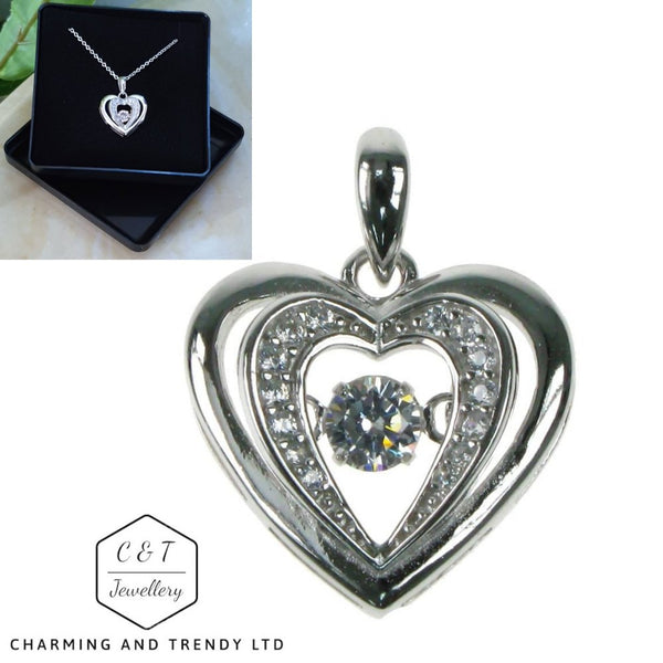 Dancing Stone Sterling Silver Heart Pendant 16",18",20",22" & 24" - Gift Boxed - Charming And Trendy Ltd