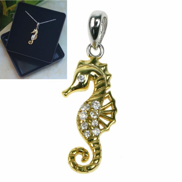 Seahorse 18k Gold Plated and CZ Sterling Silver Pendant 16",18",20",22" & 24" - Gift Boxed - Charming And Trendy Ltd