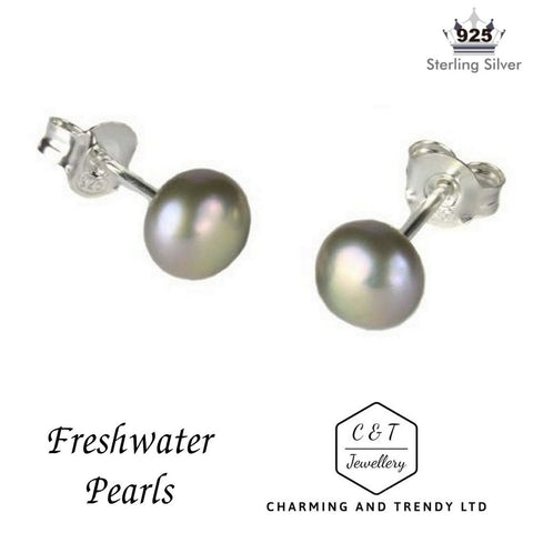 925 Sterling Silver Grey/Silver Freshwater Pearl Stud Earrings (6mm) - Charming And Trendy Ltd