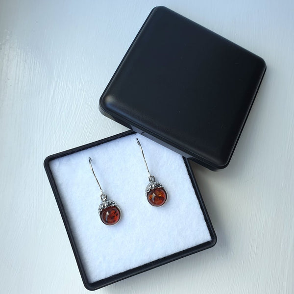 925 Sterling Silver & Baltic Amber Round Drop Earrings - Gift Boxed - Charming And Trendy Ltd