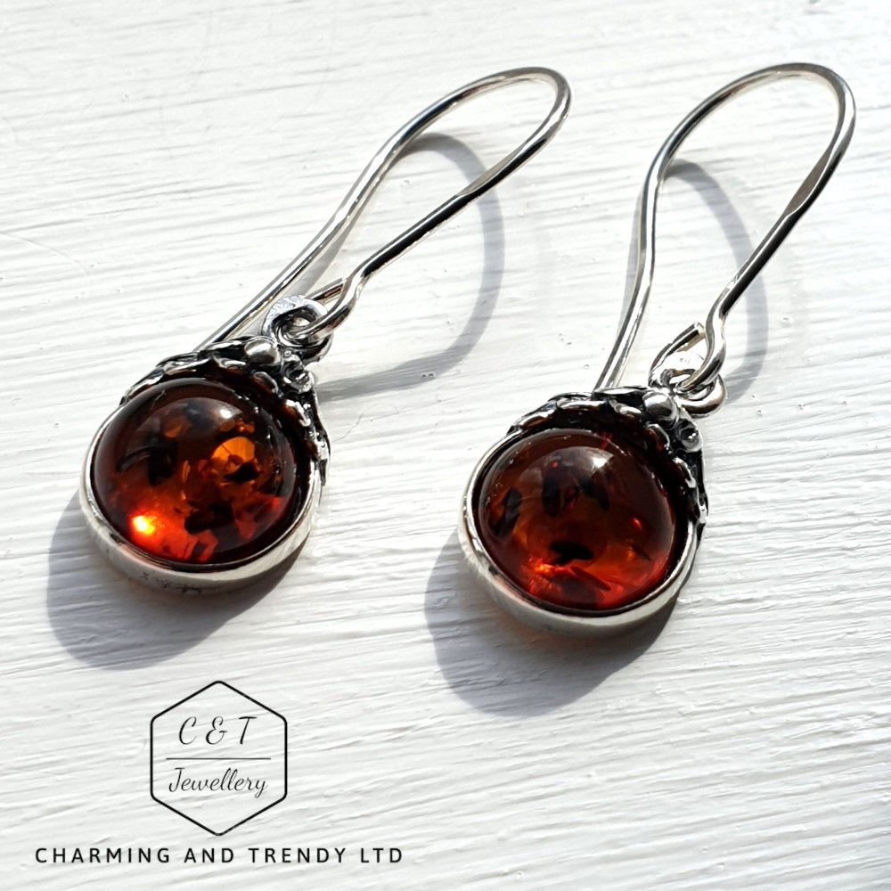 925 Sterling Silver & Baltic Amber Round Drop Earrings - Gift Boxed - Charming And Trendy Ltd