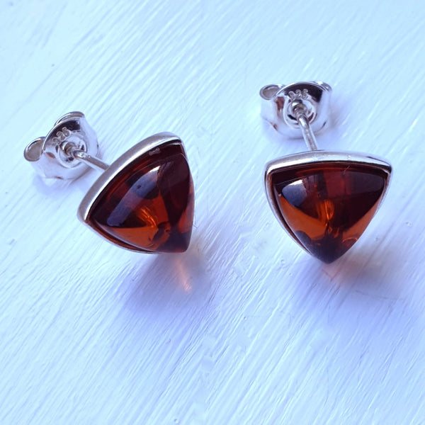 925 Sterling Silver & Baltic Amber Silver Triangle Stud Earrings - Gift Boxed - Charming And Trendy Ltd
