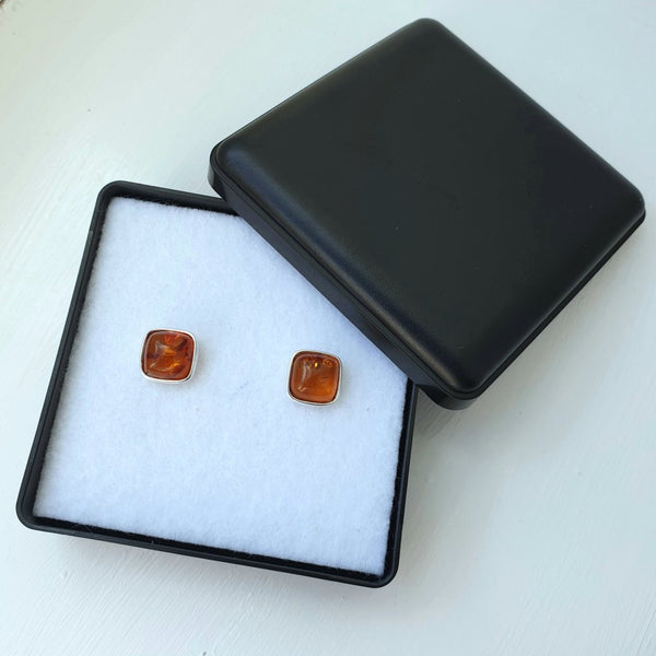925 Sterling Silver & Baltic Amber Silver Square Stud Earrings - Gift Boxed - Charming And Trendy Ltd