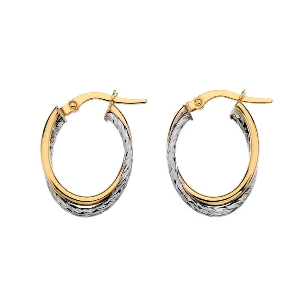 9ct Yellow & White Small Oval Crossover Hoop Earrings - Charming and Trendy Ltd