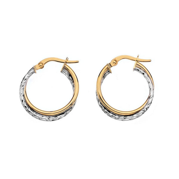 9ct Yellow & White Small Round Crossover Hoop Earrings - Charming and Trendy Ltd