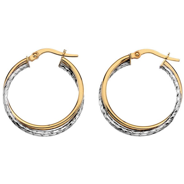 9ct Yellow & White Medium Round Crossover Hoop Earrings - Charming and Trendy Ltd