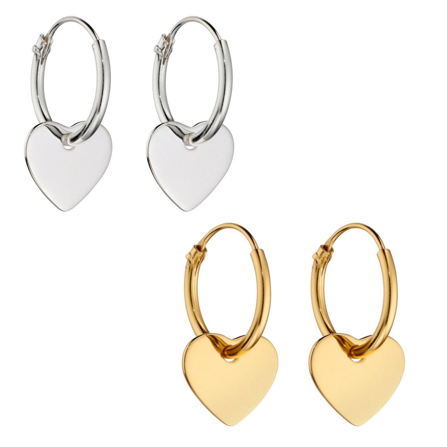 925 Sterling Silver/Gold Plated 10mm Heart Charm Hoop Earrings - Charming and Trendy Ltd