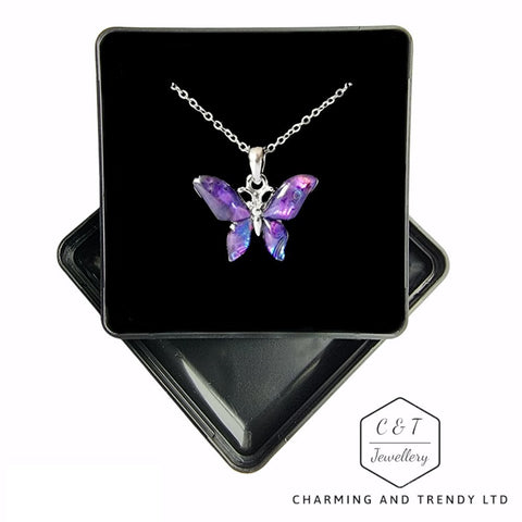Butterfly Purple Paua Shell 16”/18”/20” Adj Pendant  - Charming and Trendy Ltd