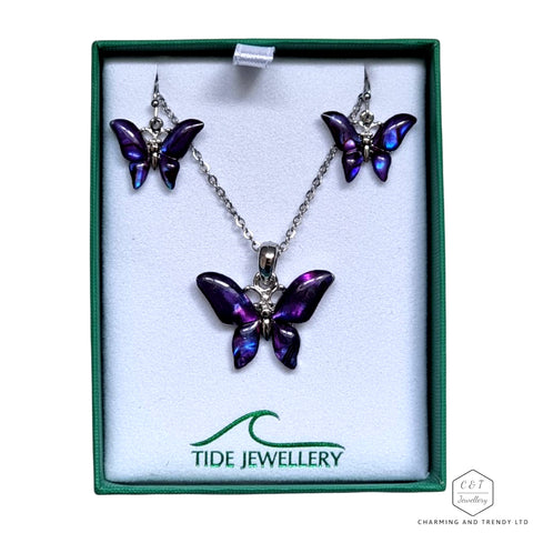 Butterfly Purple Paua Shell Pendant & Earring Set - Charming and Trendy Ltd