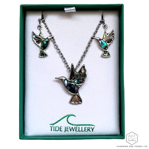 Hummingbird Paua Shell Pendant & Earring Set - Charming and Trendy Ltd