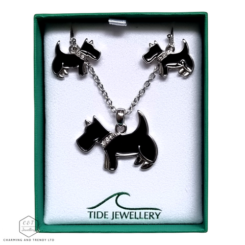 Scottie Dog Black Enamel Necklace & Earring Set - Charming and Trendy Ltd