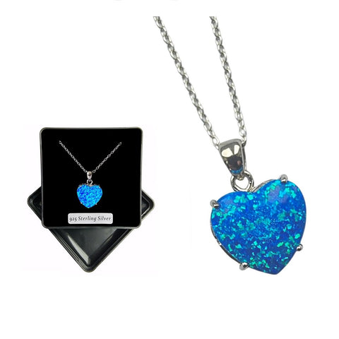 925 Sterling Silver Large Blue Opal Heart Pendant - Charming and Trendy Ltd