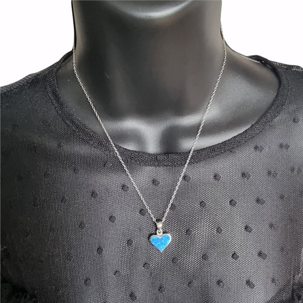 925 Sterling Silver Wide Blue Opal Heart Pendant - Charming and Trendy Ltd