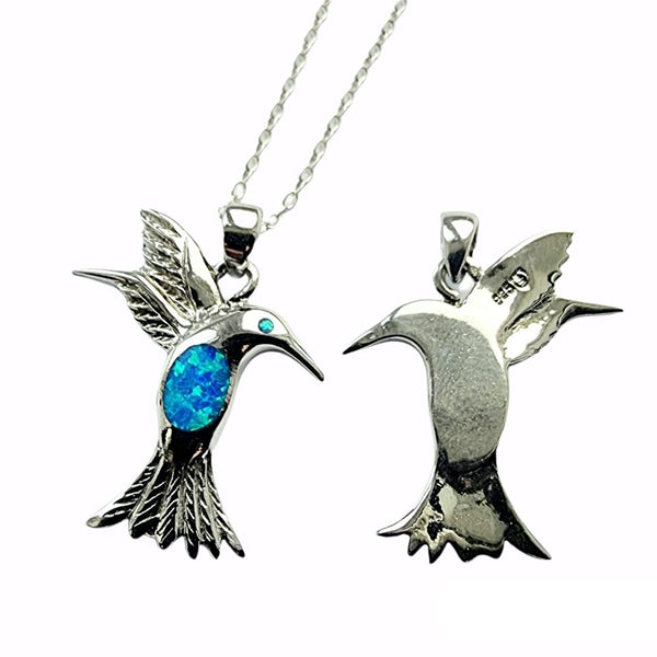 925 Sterling Silver Blue Opal Hummingbird Pendant - Charming and Trendy Ltd