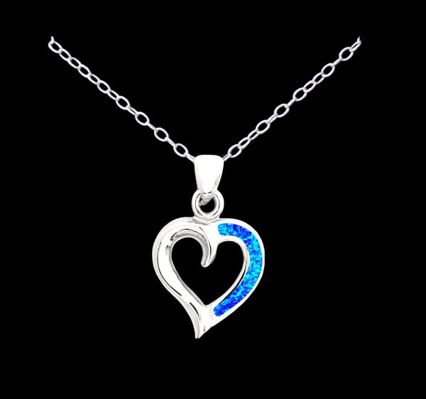 925 Sterling Silver Blue Opal Heart Outline Pendant - Charming and Trendy Ltd