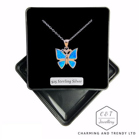 925 Sterling Silver Blue Opal Butterfly Pendant - Charming and Trendy Ltd