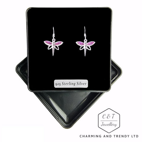 925 Sterling Silver Amethyst CZ Dragonfly Earrings - Charming and Trendy Ltd