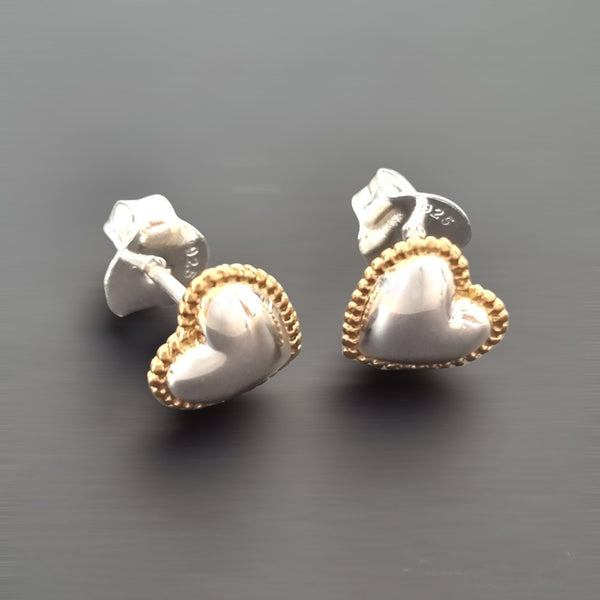 925 Sterling Silver & Gold Plated Heart Stud Earrings - Charming and Trendy Ltd