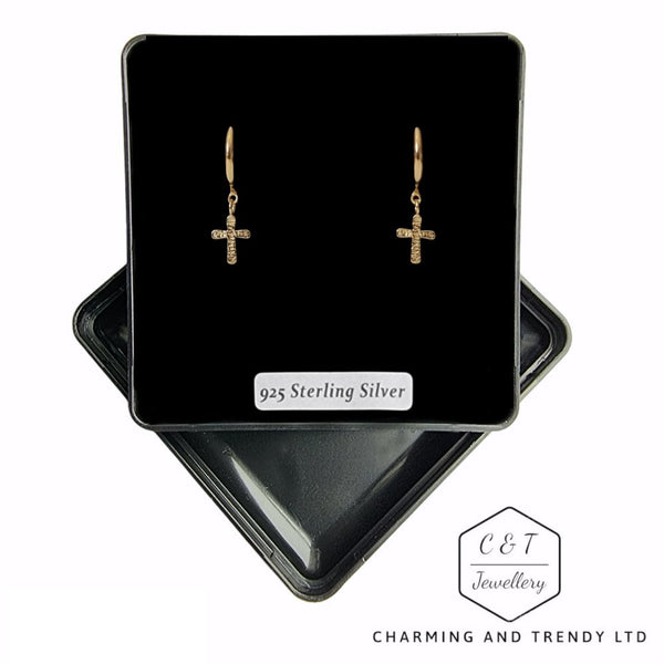 925 Sterling Silver Gold Plated Textured Cross Charm Hoop Earrings - Charming and Trendy Ltd