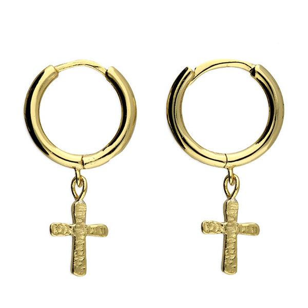 925 Sterling Silver Gold Plated Textured Cross Charm Hoop Earrings - Charming and Trendy Ltd