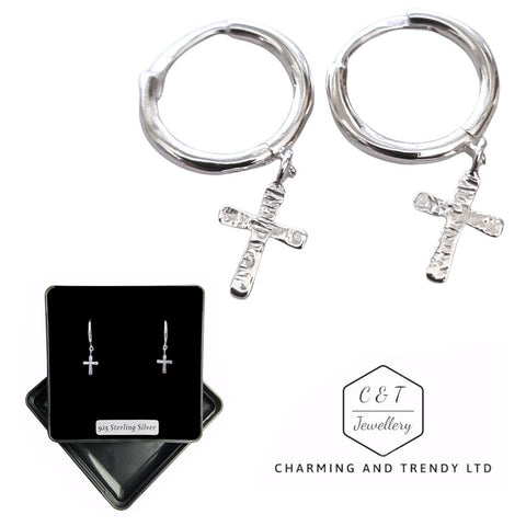 925 Sterling Silver Textured Cross Charm Hoop Earrings - Charming and Trendy Ltd
