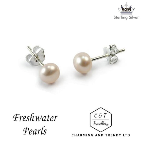925 Sterling Silver Baby Pink Freshwater Pearl Stud Earrings (6mm) - Charming And Trendy Ltd