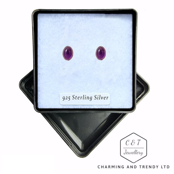 925 Sterling Silver Amethyst Oval Gemstone Stud Earrings - Charming and Trendy Ltd