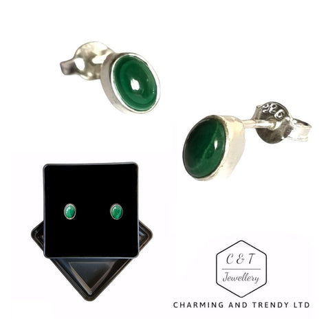 925 Sterling Silver Malachite Oval Gemstone Stud Earrings - Charming and Trendy Ltd