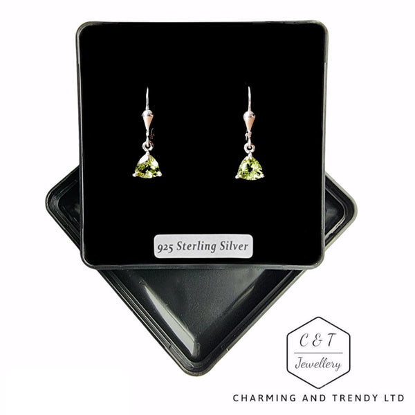 925 Sterling Silver Peridot Solitaire Drop Earrings Platinum Overlay - Charming and Trendy Ltd