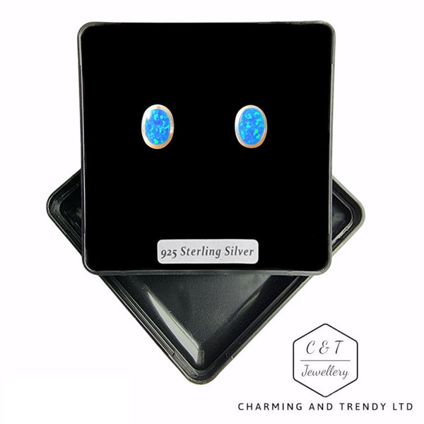 925 Sterling Silver Blue Opal Oval Stud Earrings - Charming and Trendy Ltd