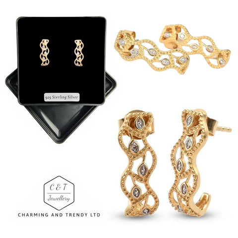 925 Sterling Silver 14K Gold Plated Diamond Open Hoop Earrings - Charming and Trendy Ltd