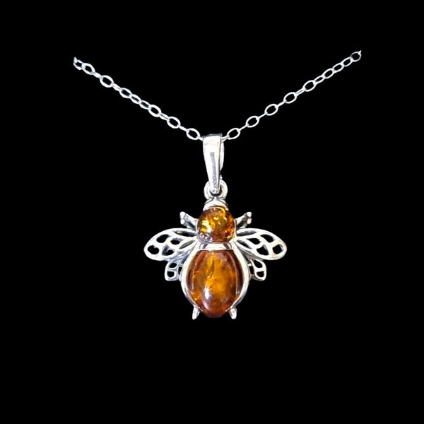 925 Sterling Silver Cognac Amber Bee Pendant - Charming and Trendy Ltd