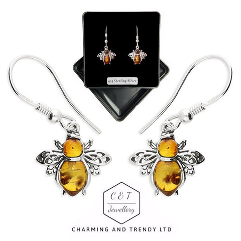 925 Sterling Silver Cognac Amber Bee Drop Earrings - Charming and Trendy Ltd