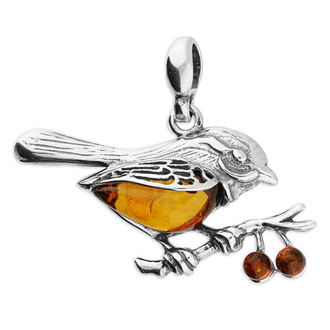 925 Sterling Silver Cognac Amber Robin Pendant - Charming and Trendy Ltd