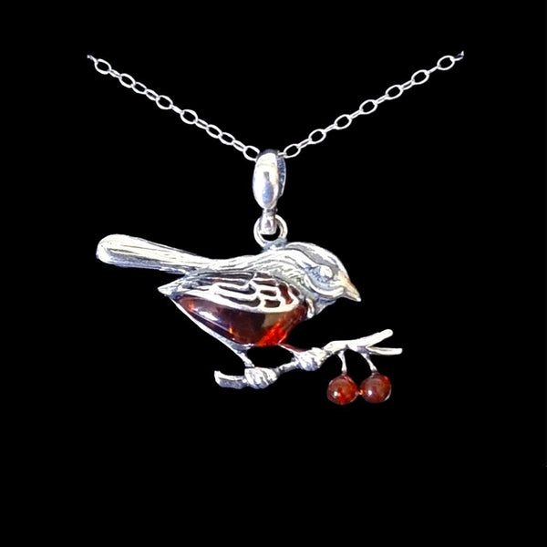 925 Sterling Silver Cognac Amber Robin Pendant - Charming and Trendy Ltd