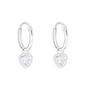 925 Sterling Silver 12mm Hoop Sleeper Earrings - Crystal Cubic Zirconia Hearts - Charming and Trendy Ltd