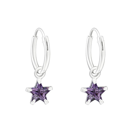 925 Sterling Silver Hoop Sleeper Earrings with Amethyst Cubic Zirconia Star - Charming and Trendy Ltd