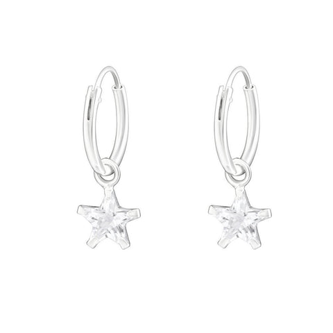 925 Sterling Silver Hoop Sleeper Earrings with Crystal Cubic Zirconia Star - Charming and Trendy Ltd