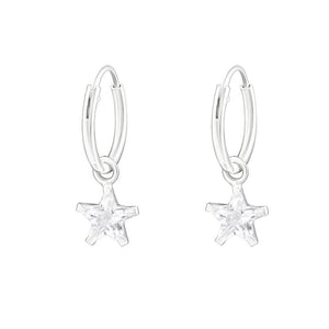 925 Sterling Silver 12mm Hoop Sleeper Earrings with Cubic Zirconia Stars