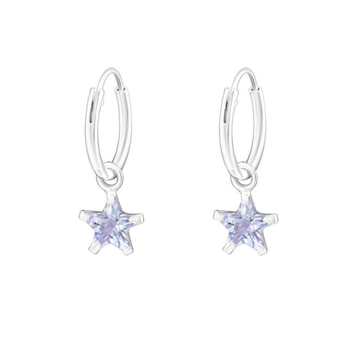 925 Sterling Silver Hoop Sleeper Earrings with Lavender Cubic Zirconia Star - Charming and Trendy Ltd
